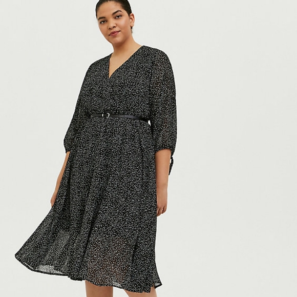 BLACK POLKA DOT FLOCKED CHIFFON BELTED MIDI DRESS (Dress Box) - Picture 3 of 7